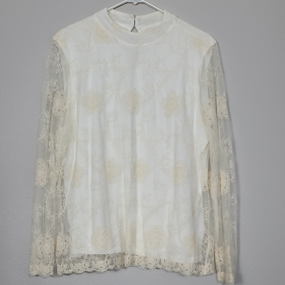 Chicos Sheer Lace Long Sleeve Top Size L White Feminine Ivory Cottage Classic